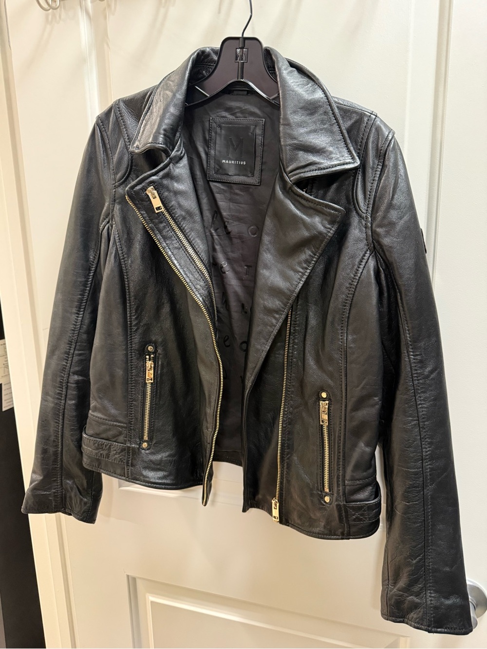 New without tags Mauritius Womens Black Leather Moto Jacket with Gold Hardware